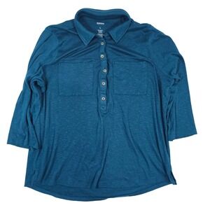 Sonoma Goods For Life Womens Henley Top Teal Blue 3/4 Sleeve Button Front Large